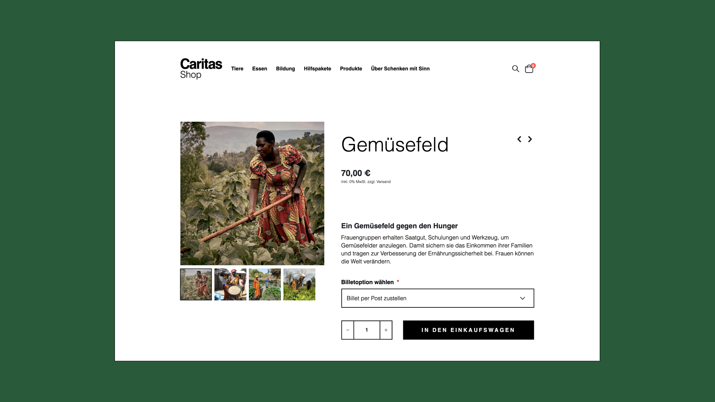 Webdesign-Ausschnitt des Caritas-Onlineshops mit Produktbildern, Texten und Kauf-Button auf gelbem Hintergrund.