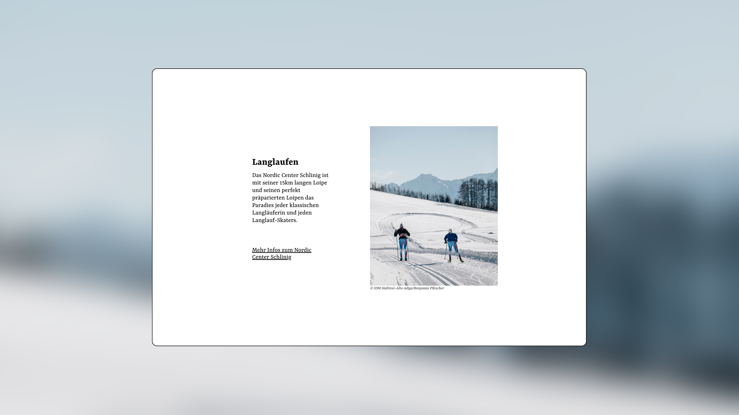 Foto von Loipen und Text zum Langlaufen im Vinschgau auf der Website der Ferienwohnungen Broshof.