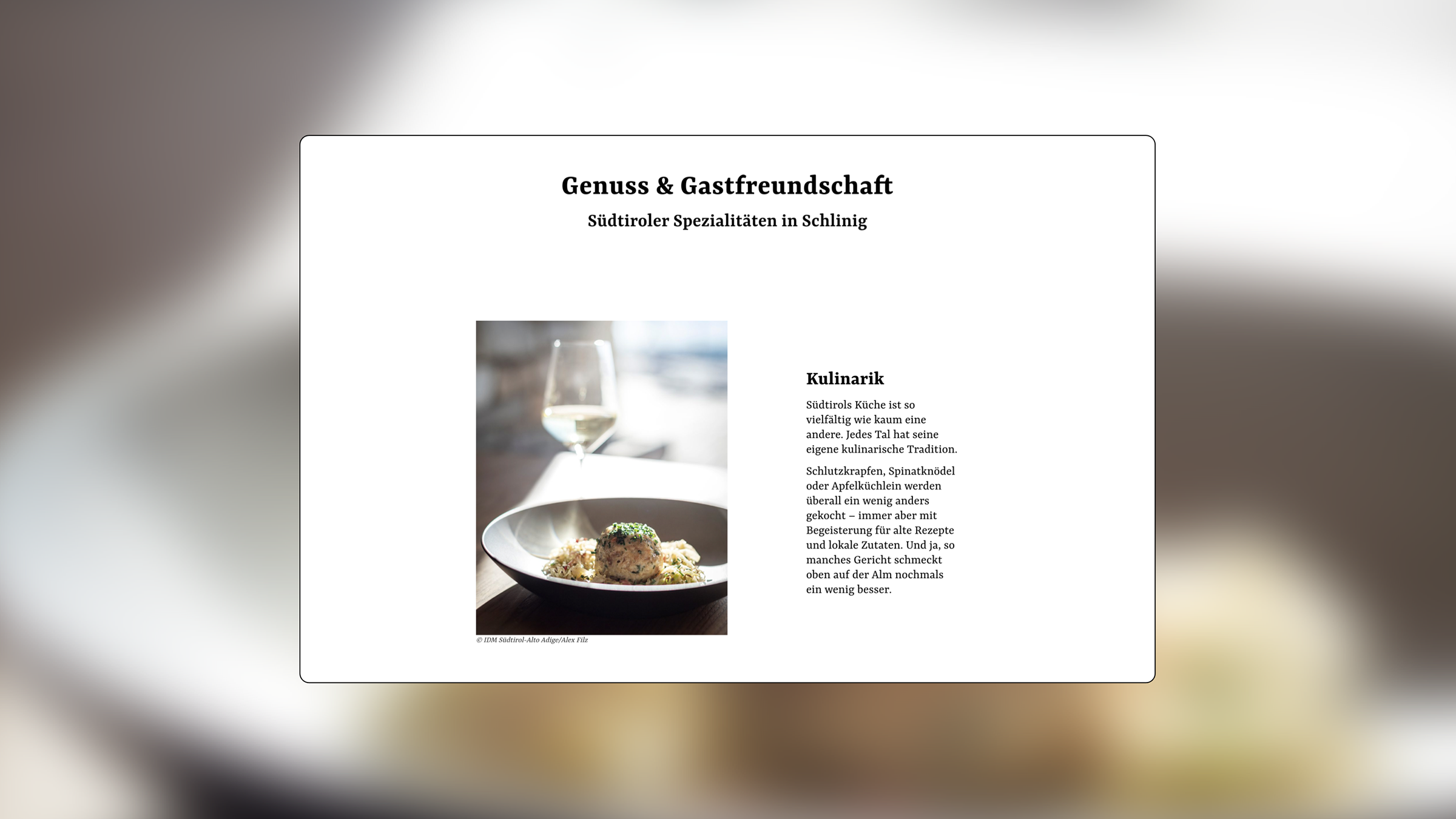 Webdesign für die Ferienwohnungen Broshof mit Knödel-Foto und einem Text zu Südtiroler Kulinarik.