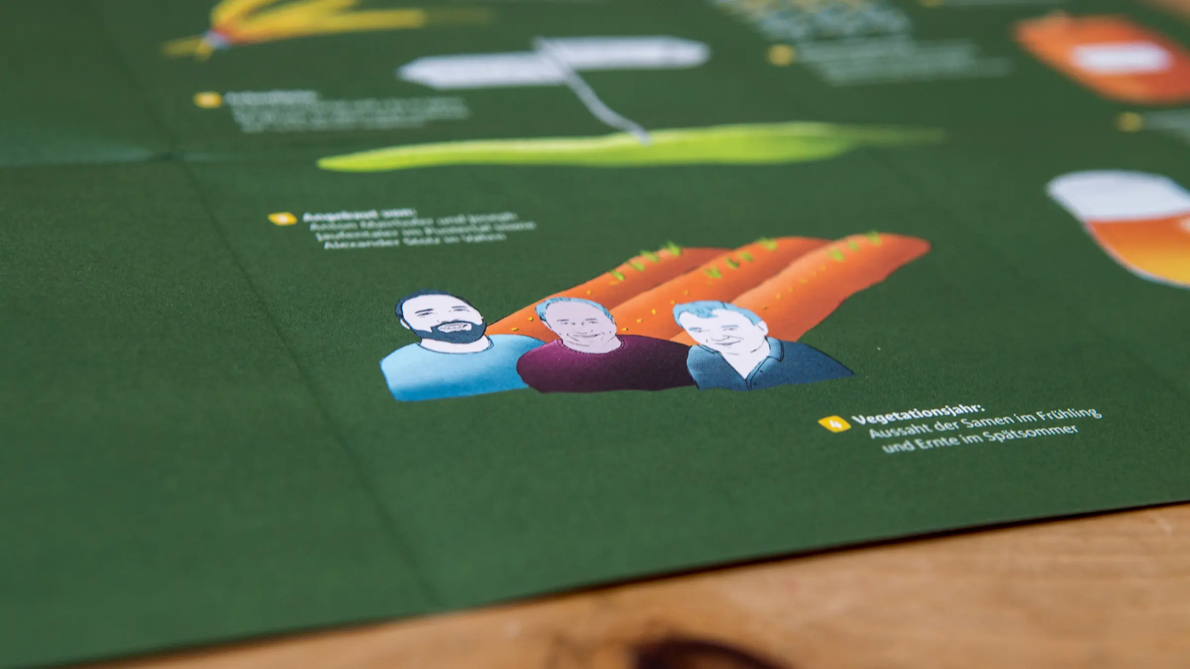 Innenseite der Broschüre für Südtiroler Gerste mit grünem Hintergrund und Illustrationen eines Kornfelds und dreier Bauern.