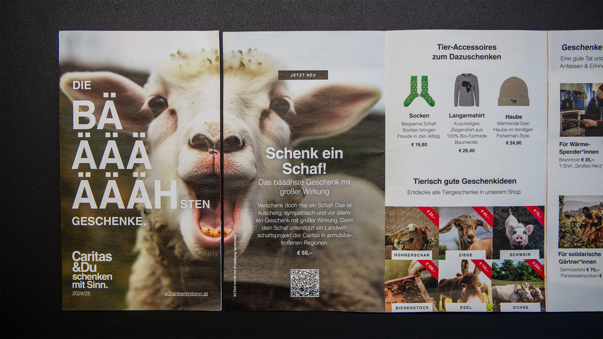 Titelseite und erste Seite der Broschüre für den Caritas-Onlineshop mit einem großformatigen Schaf-Foto.
