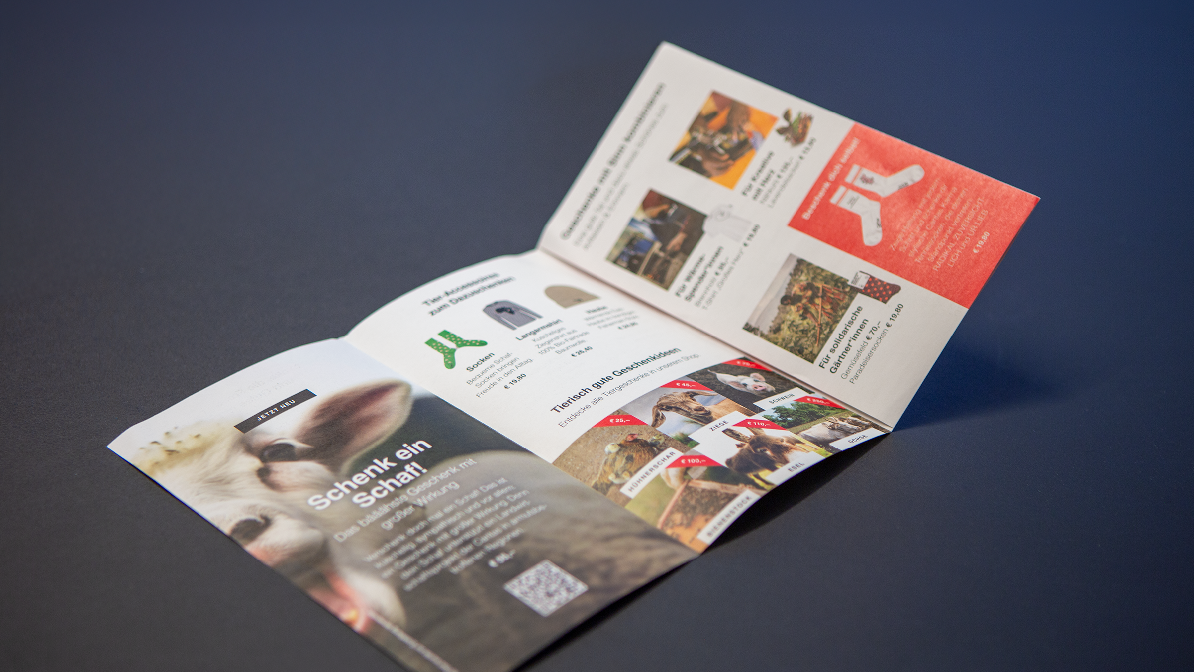 Aufgeklappte Broschüre für den Onlineshop der Caritas Österreich mit Fotos von Tieren, Spendengeschenken und Produkten.