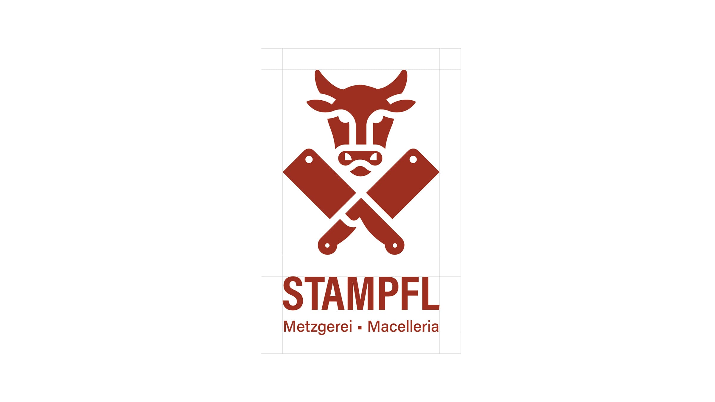 Logo der Metzgerei Stampfl, gestaltet von i-kiu design. Es zeigt einen Kuhkopf, über zwei gekreuzten Metzgermessern und einem Schriftzug.