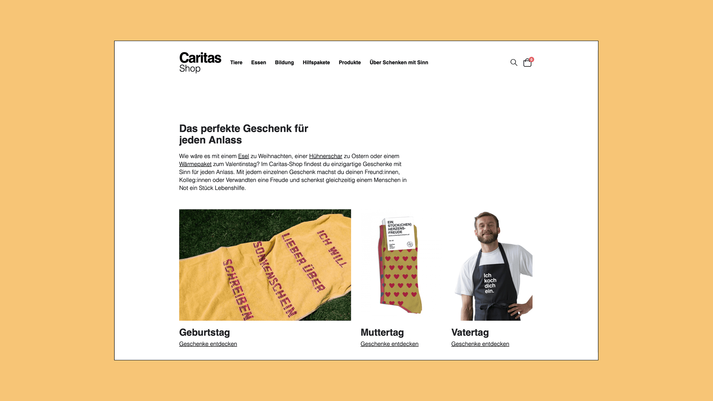 Webdesign-Ausschnitt des Caritas-Onlineshops mit Produkt-Teasern auf gelbem Hintergrund.