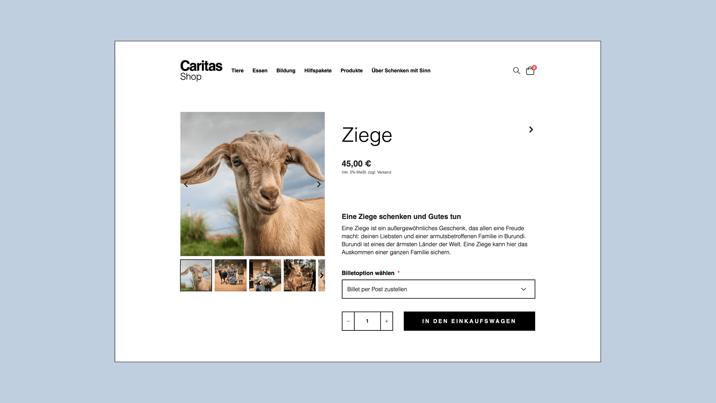 Webdesign-Ausschnitt des Caritas-Onlineshops mit Produktbildern, Texten und Kauf-Button auf blauem Hintergrund.