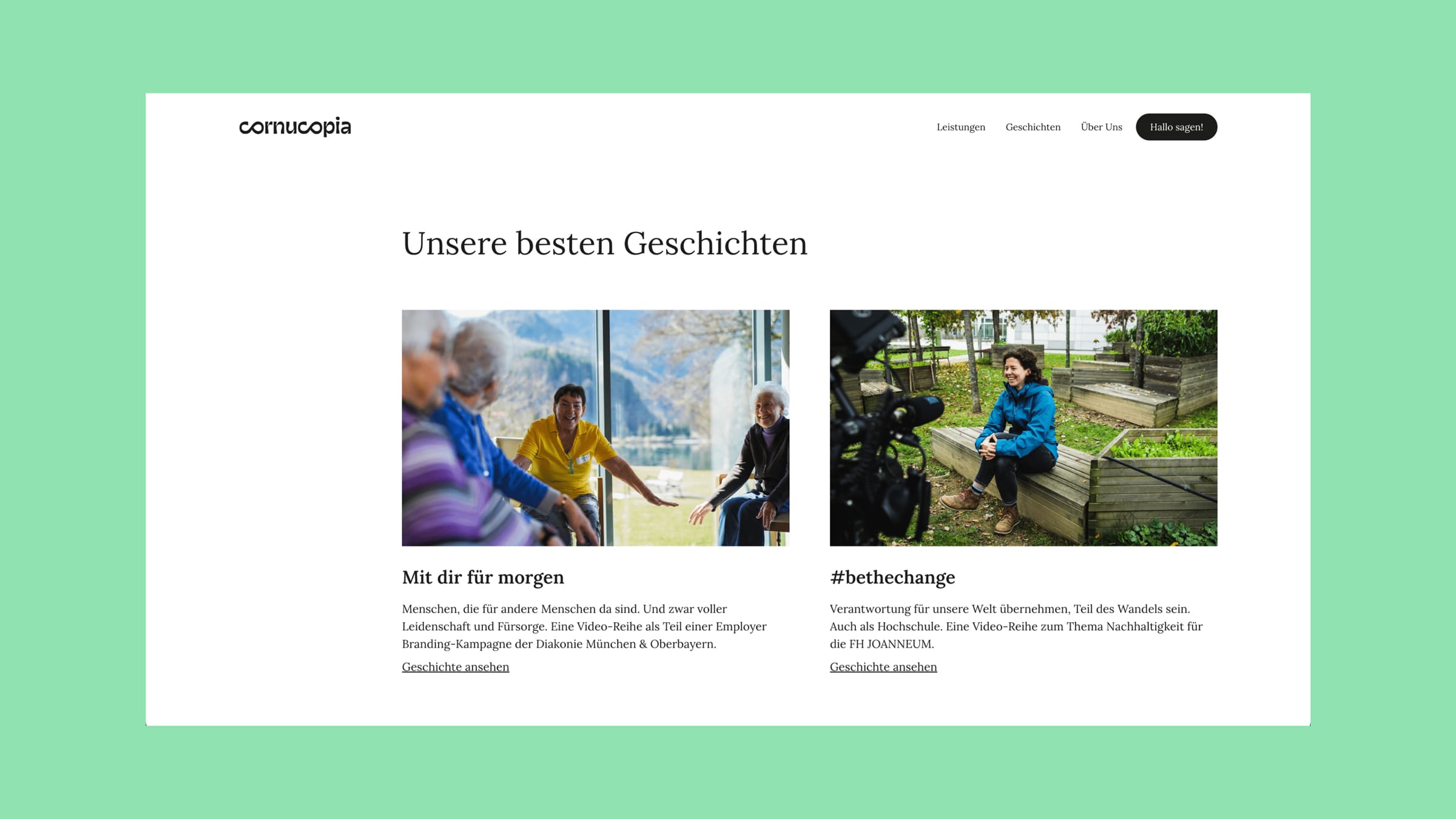 Ausschnitt des cornucopia-Webdesigns mit einer Portfolio-Seite und Teaser-Elementen.