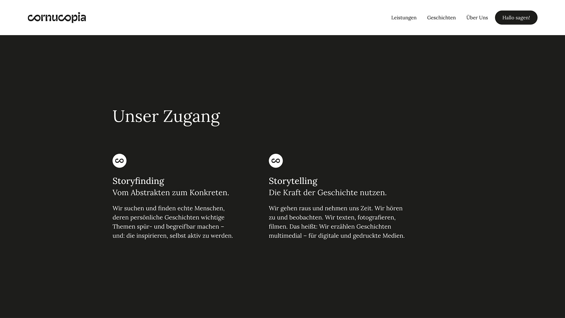 Ausschnitt des cornucopia-Webdesigns mit schwarzem Hintergrund und weißen Text-Elementen.