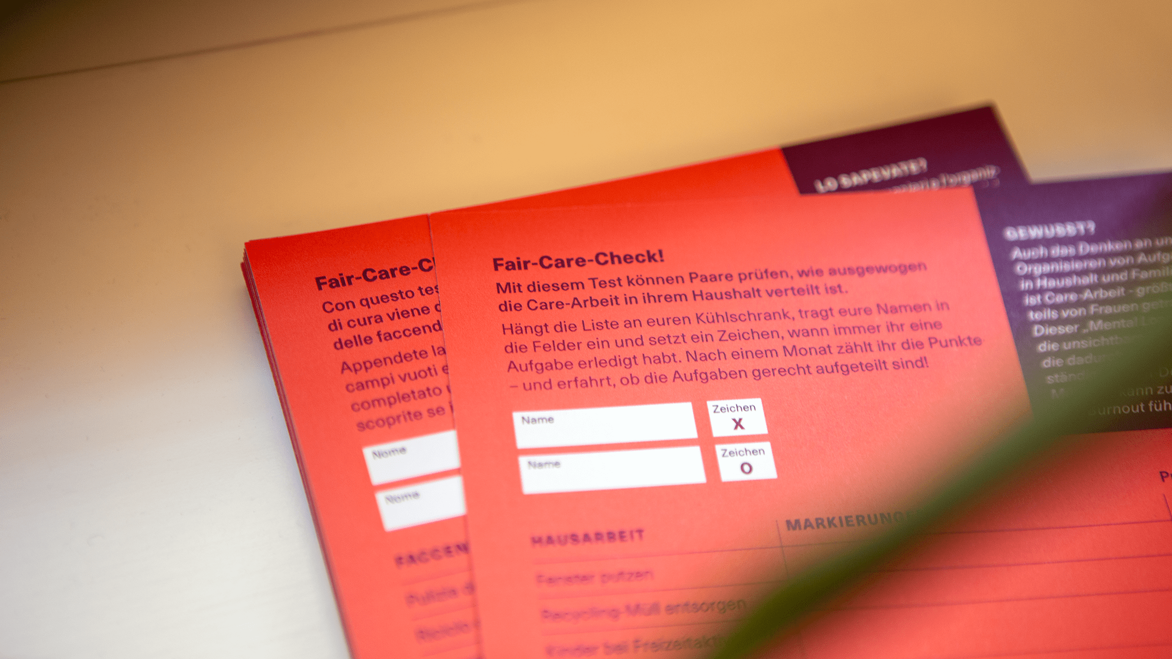 Fair-Care-Check auf der Rückseite des Flyers für den Equal Care Day 2025 – gestaltet als Liste, mit der Paare notieren können, wer wie viele Aufgaben im Haushalt erledigt.
