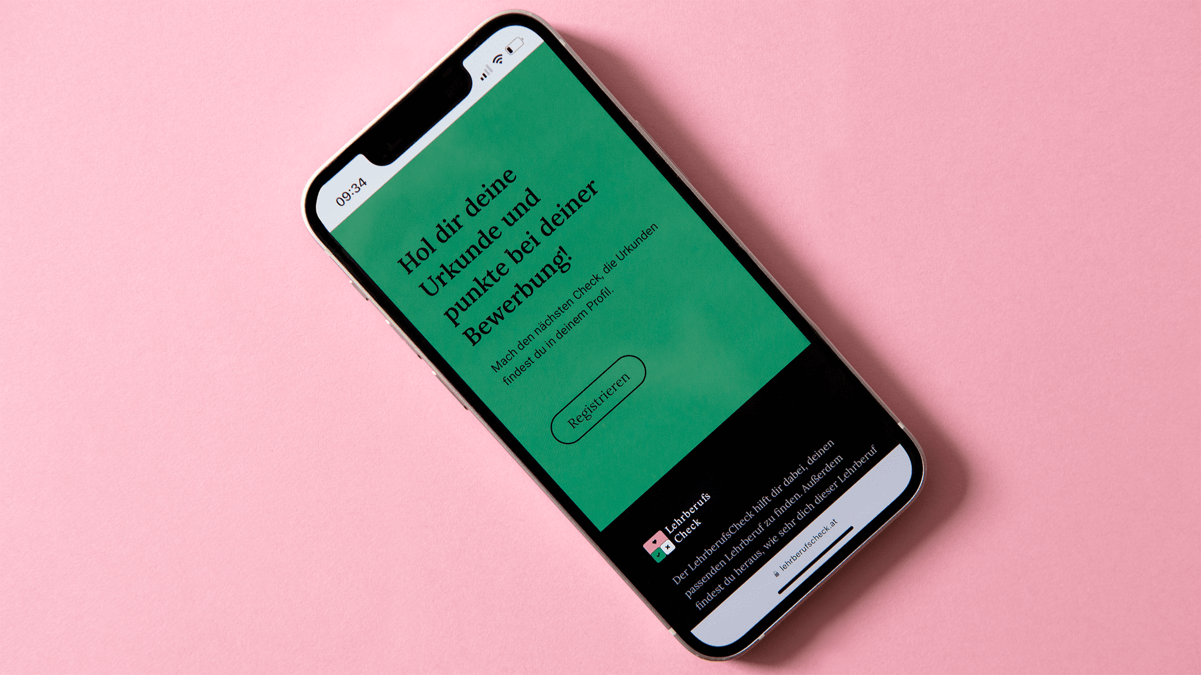 Mobile Ansicht des Lehrberufschecks mit Aufforderung zur Registrierung.