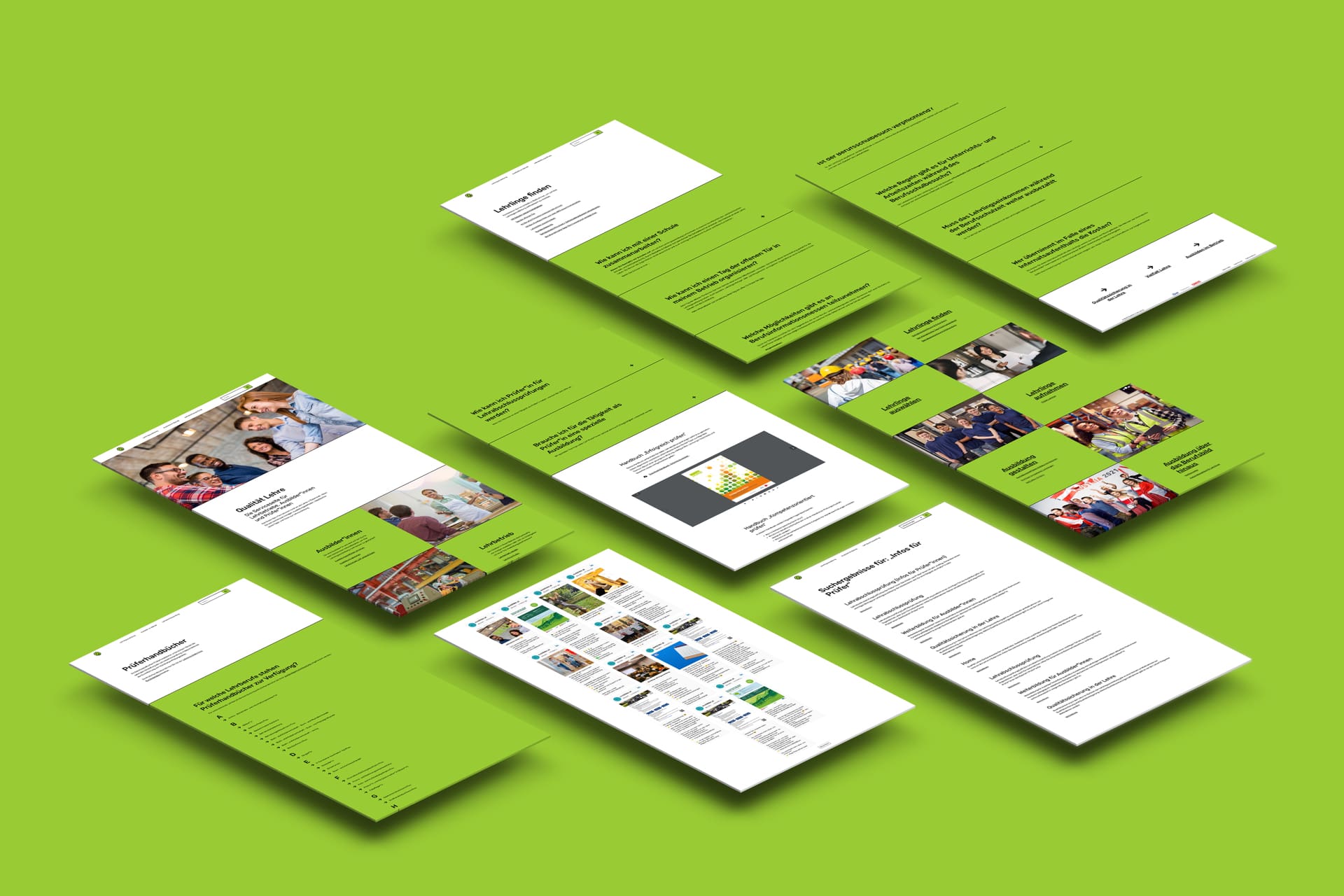 Sieben Ausschnitte des Webdesigns für Qualität in der Lehre auf grünem Hintergrund.